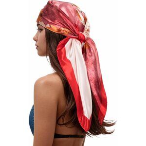 Women's Pink/Brown Head Scarf Like Silk Printed Square Hair Bandanas 35 Inches